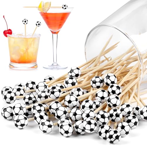 100 Pieces Soccer Decorative Sports Ball End Cocktail Skewers 4.7 Inch Bamboo Cocktail Picks Wooden Decorative Fruit Toothpicks for Appetizers Bar Drinks Fruit Sandwich Buffets Party Supplies (Soccer)