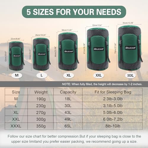 Compression Sack for Sleeping Bag Store Ultralight Sleeping Bag Compression Stuff Sack 18L 30L 43L 49L 65LSpace Saving Gear for Travel Camping Hiking Outdoor (XX-Large / Green)