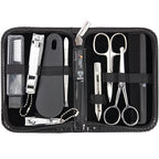 brand quality 10 piece manicure pedicure grooming kit set for professional finger & toe nail care tweezers file clipper fashion leather case in gift box (BLACK)