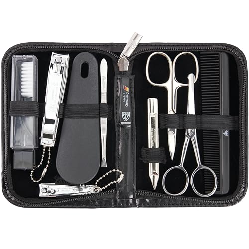 brand quality 10 piece manicure pedicure grooming kit set for professional finger & toe nail care tweezers file clipper fashion leather case in gift box (BLACK)
