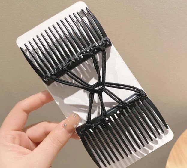 2PcsStretchy Comfy Hair Comb Clips, Double Slide Hairpins, Double Comb for Curly Wavy Hair - No Slip, Ouchless,Adjustable & Simple Long Lasting Updo's Black Elastic No Crease, Styling Accessories