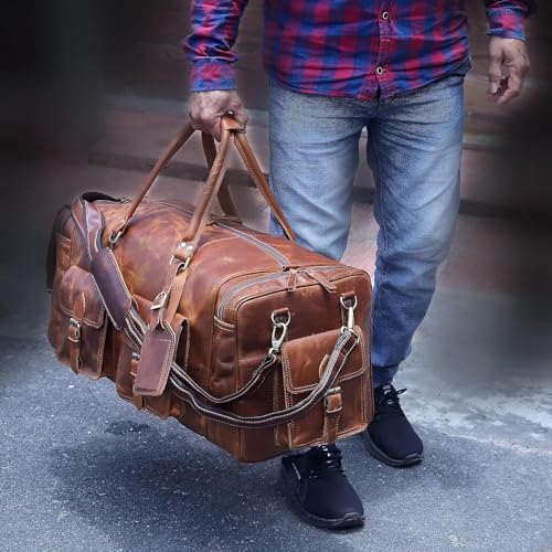 Large duffel bags for men holdall leather travel bag overnight gym sports weekend bag (28" X-Large / TAN BROWN)
