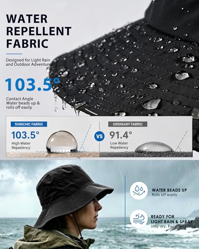 Water Resistant UPF 50+ Sun Bucket Hat Packable Brimmed for Women Men Black (One Size / Black)