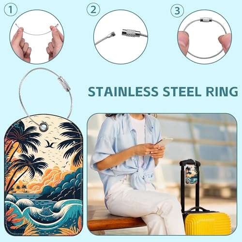 2 Pack Cute Luggage Tag for Suitcases Summer Beach Leather Luggage Tags with Stainless Steel Loop Privacy Flap Name Tags (Summer Beach)