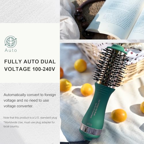 Dual Voltage Travel Hair Dryer Brush Mini Hot Air Hair Styling Tool (50mm Oval / Emerald&rose Gold)