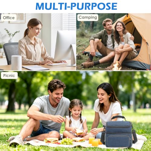 Double Layer Cooler Insulated Lunch Bag Adult Lunch Box Large Tote Bag for Men (Navy)