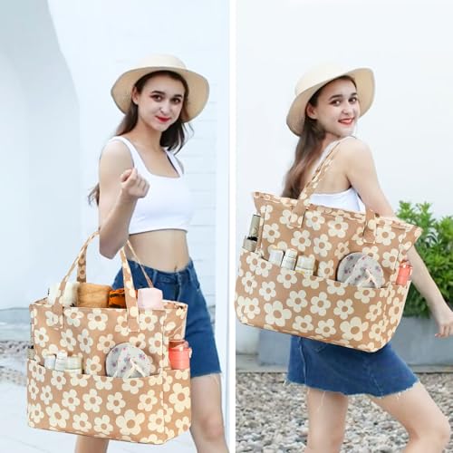 Waterproof Beach Tote Pool Bags for Women Ladies Extra Large Gym Tote Carry On Bag With Wet Compartment for Weekender Travel (Beige Floral 157)