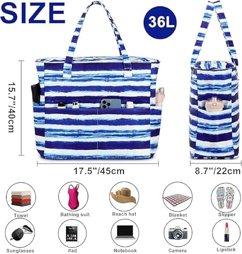 Waterproof Beach Tote Pool Bags for Women Ladies Extra Large Gym Tote Carry On Bag With Wet Compartment for Weekender Travel (Blue White Stripes)
