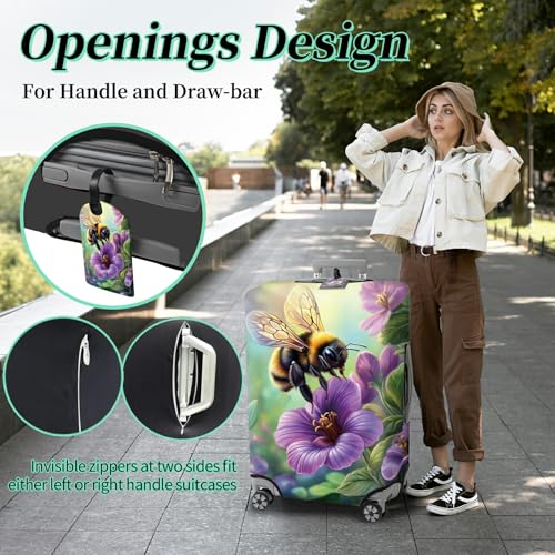 Luggage Cover + Tag (Bee Purple Flowers / XL)
