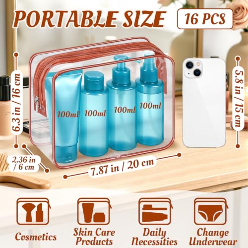 16 Packs Clear Makeup Bags Cosmetic Zipper Pouches Waterproof TAS Approved Toiletry Bags PVC Organizer Storage Case for Vacation Travel Bathroom（Brown (16pcs Brown M)