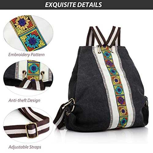 Women Canvas Backpack Daypack Casual Shoulder Bag (Grey Black 2)