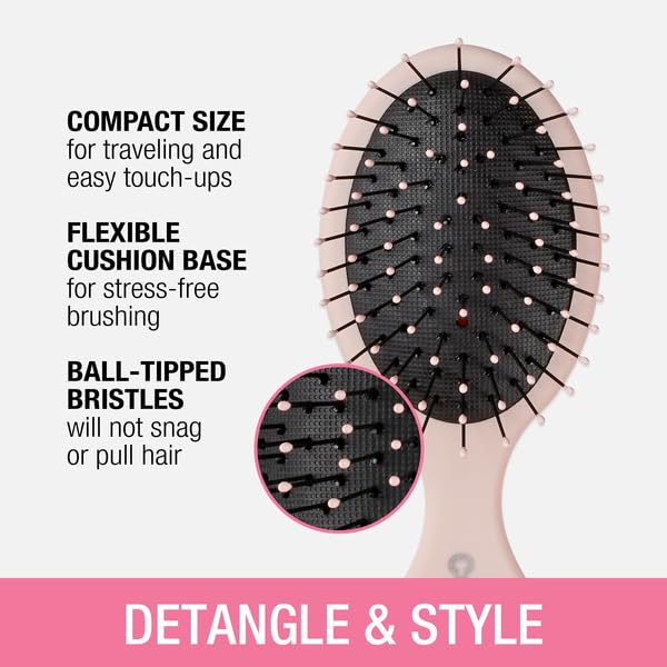 Conair Detangling Mini Hair Brush Set, 3-Pack Detangler Brushes for Wet or Dry Hair, Detangler for All Hair Types, Hair Brushes for Women, Travel Size, Matte Pink, Green, Black