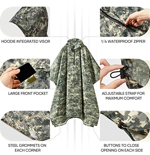 Hooded Rain Poncho for Adult with Pocket (Green Digi Camo 1/4 Zipper)