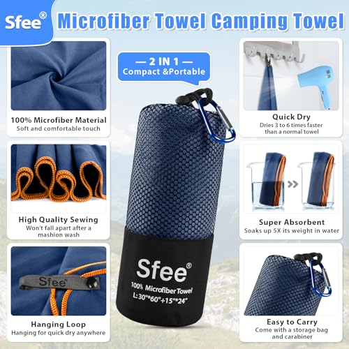 2 Pack Microfiber Travel Towel (L 60"x30"+24"x15" / Navy Blue)