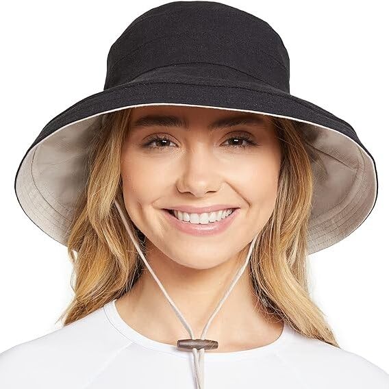 Women's Holiday Sun Hat UPF 50+ (Small-Medium / Black/Beige)