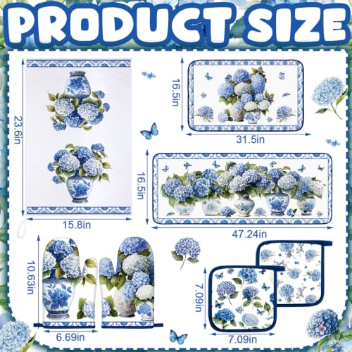 10 Pcs Chinoiserie Blue White Hydrangea Kitchen Decor Set (Blue, White / Hydrangea)
