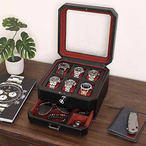 6 Slot Leather Watch Box with Valet Drawer (6 Slot - Black / Red)