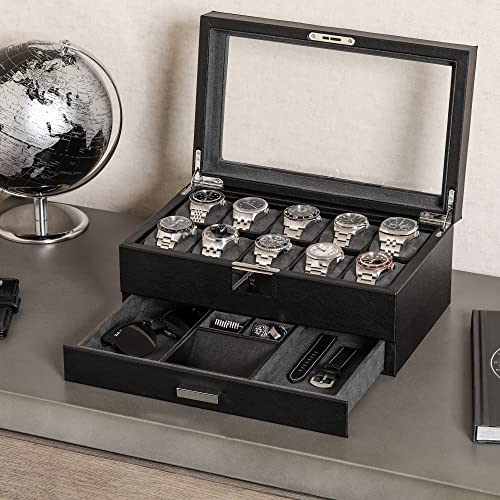 10 Slot Watch Box in Leather with Valet Drawer (Black/Grey)