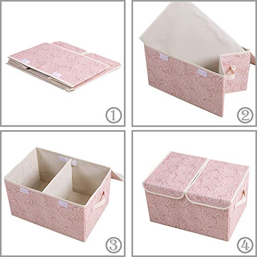 Large Stackable Storage Bins with Lids Fabric Decorative Storage Box Cubes Organizer Containers Baskets with Cover Handles Divider for Bedroom Closet Living Room 17.3x11.8x9.8 Inch 3 Pack (Pink / Double Lid/3pcs)