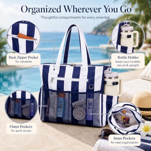 Beach Bag Waterproof Sandproof Women Beach Tote Pool Bag with Zipper for Gym Grocery Travel with Wet Pocket (Light Navy Blue)