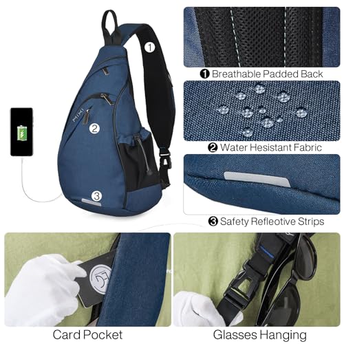 Sling Bag Men Backpack Unisex One Shoulder Bag Hiking Travel Backpack Crossbody with USB Port for Men Women Versatile Casual Daypack (Dark Blue-17")