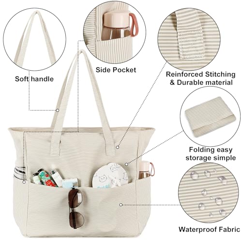 Waterproof Beach Tote Pool Bags for Women Ladies Extra Large Gym Tote Carry On Bag With Wet Compartment for Weekender Travel (S Khaki Stripes)