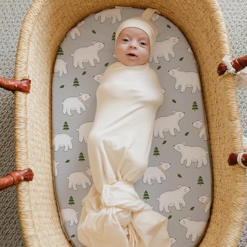 Stretch Fitted Bassinet Sheet Set BROLEX 2 Pack Cradle Sheets for Bassinet Pad (Elephants Bears / 32x16 Inch)