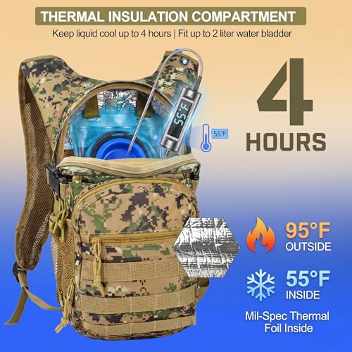 Camo Hydration Backpack with 2L Water Bladder Tactical Molle Water Backpack for Men Women Hydration Pack for Hiking Running Climbing (Woodland Digital Camo)