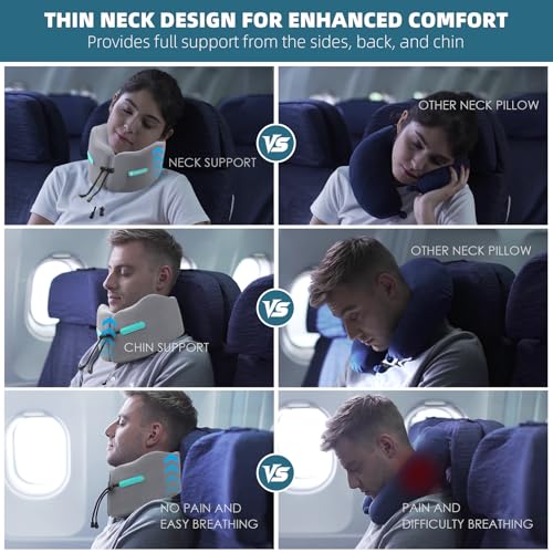Travel Pillow Upgraded Airplane Neck Pillows Chin Support Adjustable Memory Foam Travel Essentials for Car Home Office Headrest Sleep with with Eye Masks Earplugs and Luxury Bag (Gray-blue / Medium)