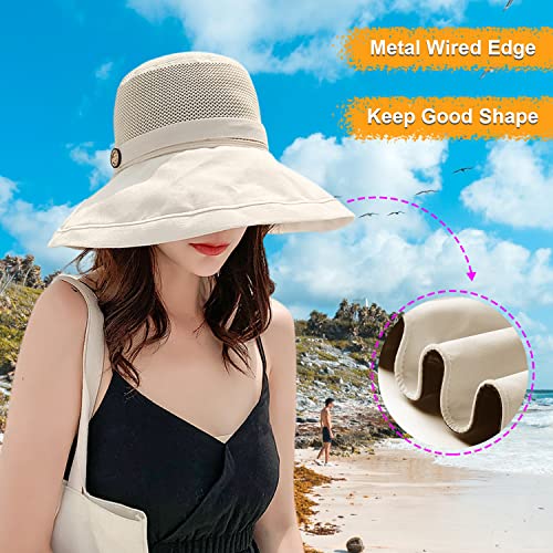 Women Mesh Crown Wide Brim Sun Hats Floppy Summer UV Protection UPF Hat for Beach Hiking Garden Travel Lawn Work Chin Strap (One Size / A1-m9163-beige)