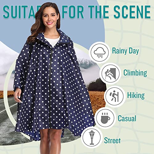 Adult Rain Poncho Waterproof Hooded Zipper Raincoat with Pockets (One Size / Point-blue)