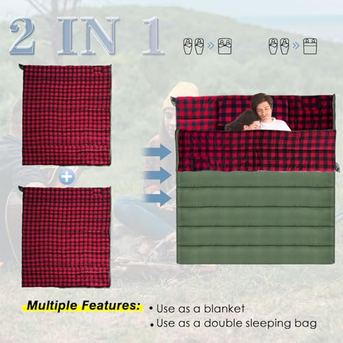 0 Degree Sleeping Bag Cotton Flannel Winter Cold Weather for Adults XXL Sleeping Bag 4 Season Big and Tall with Pillow Compression Sack (OLIVE)