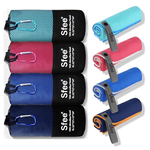 4 Pack(8Pcs) Microfiber Travel Towel, Quick Dry Towel Camping Towel Large Beach Towel Super Absorbent Compact Lightweight Sports Gym Towels Set for Beach, Gym, Hiking, Pool, Backpacking,Bath,Yoga (XL 72"x32"+24"x15" / Dblue+nblue+mint+hpink)