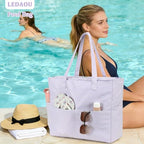 Beach Bag Waterproof Sandproof Women Beach Tote Swim Pool Bag with Zipper Wet Pocket for Gym Grocery Travel Family (Light Purple White)