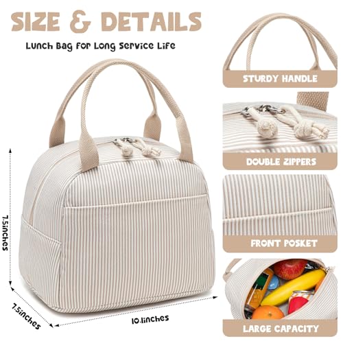 Lunch Bag for Women Men Cute Corduroy Lunch Tote Bags Reusable Insulated Lunch Box Large Capacity Reusable Insulated Cooler for Work Picnic or Travel (Corduroy Khaki-white stripes / 10L)