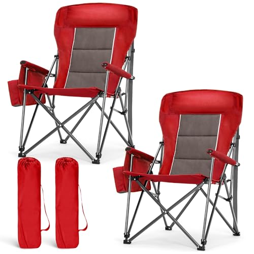 Oversized High Back Camping Chairs Heavy Duty Lawn Chair 500LBS (Red / Twin Pack)