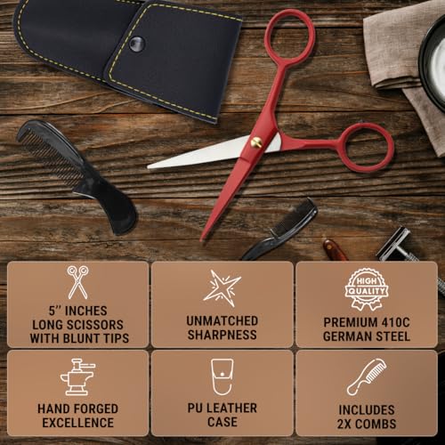 5" Beard & Mustache Scissor with Combs for Men (True Red)