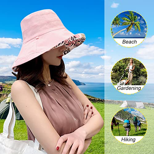 Women Floral Reversible Wide Brim Sun Hats Summer UV Protection Hiking Fishing Hat Wired Edge Beach Garden Lawn Work Cap Chin Strap (Medium / Qf002-pink)