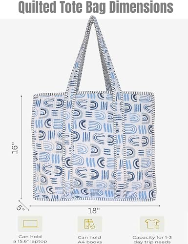 100% Cotton Quilted Tote Bag For Women (White Air Blue Print)
