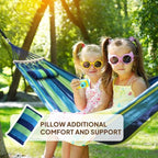 Cotton Hammock 8.9x4.9ft Holds Up to 660lbs Prevents Side (Blue/Green Stripes / 270x150cm)