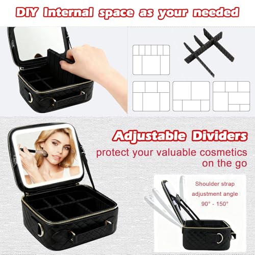 Travel Makeup Bag with Light Up Mirror (Black Grid)