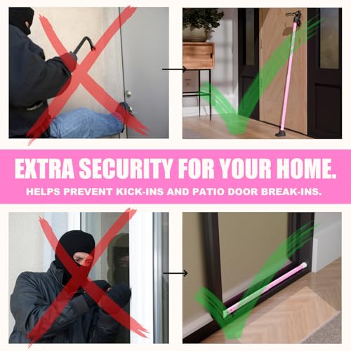 3-in-1 Door Security Bar, Security Door Stoppers & Door Barricade – Heavy Duty Adjustable Iron Security Lock Bar for Home Defense, Apartment & Travel Safety (1 Pack - Pink) (1 Pack / Pink)