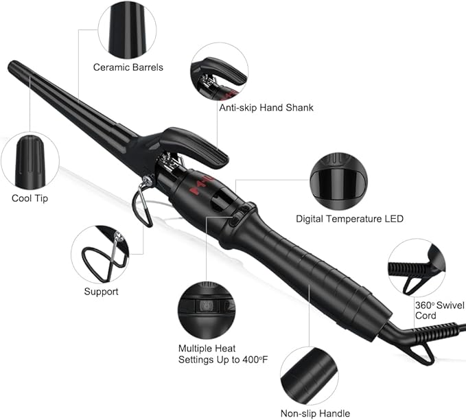 Hair Curling Wand, 0.5-1 Inch Tapered Ceramic Curling Iron, Hair Curler with 9 Temperature Settings & LCD Display for All Hair Types