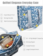 100% Cotton Quilted Tote Bag For Women (Summerday Blue Floral Print)
