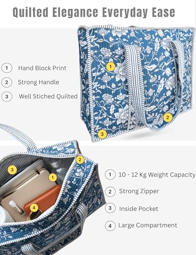 100% Cotton Quilted Tote Bag For Women (Summerday Blue Floral Print)