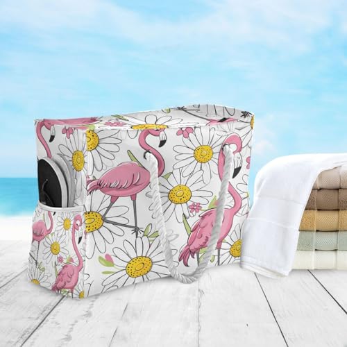 Large Beach Bags Totes Canvas Tote Shoulder Bag Soft Wave Water Resistant Bags for Gym Travel Daily Ocean (Flamingo)