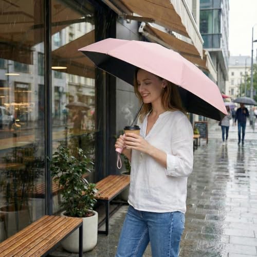 Small Compact Travel Umbrella with UV Protection for Sun & Rain (C-2 Pack Pink & Beige)