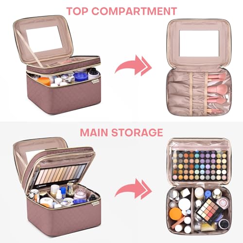 Large Makeup Bag with Mirror Double Layer Travel Make Up Organizer Case (Rosewood)