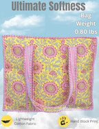 100% Cotton Quilted Tote Bag For Women (Lustrous Yellow Floral Print)