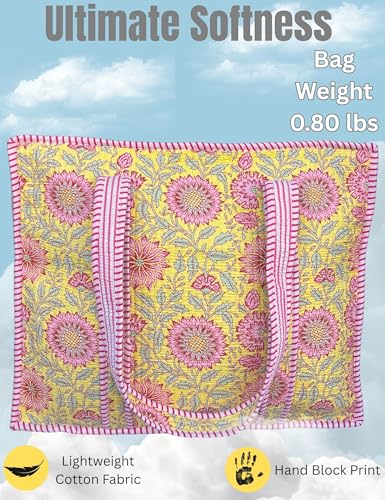 100% Cotton Quilted Tote Bag For Women (Lustrous Yellow Floral Print)